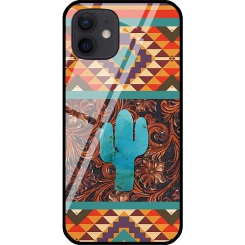 Western Floral Turquoise Cactus Navajo Aztec Tempered Glass Case For iPhone 11 12 Pro MAX XS XR X 7 8 Plus SE Phone Cover Shell