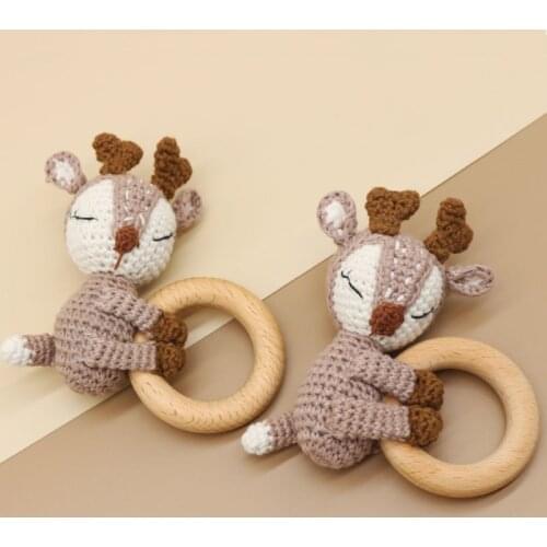 Baby Wooden Teether Ring DIY Crochet Animal Deer Elk Rattle Bracelet Infant Teething Nursing Soother Molar Toys