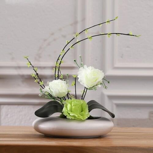 European Ceramic Vase+Fake Flower Rose Figurines Crafts Home Furnishing Livingroom Desk Fake Silk Flowerpot Ornaments Decoration