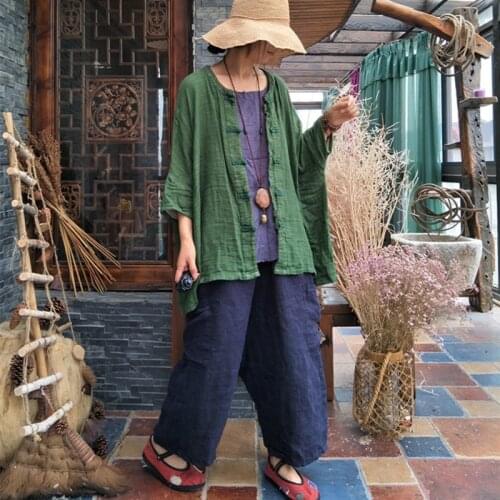 Johnature Summer New Solid Color Pants 2020 Women Vintage Patchwork Pockets Elastic Waist Loose Straight Ankle-Length Pants