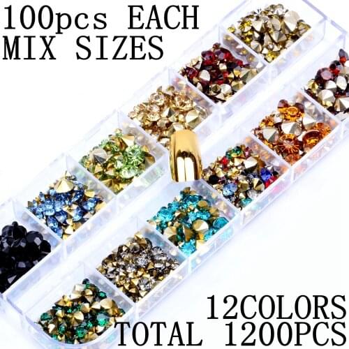 1200pcs 12 Colors/box Mixed Size Resin Point bottom Rhinestones Glue On Diamond Jewelry Nail Art Wedding Dress Decoration DIY