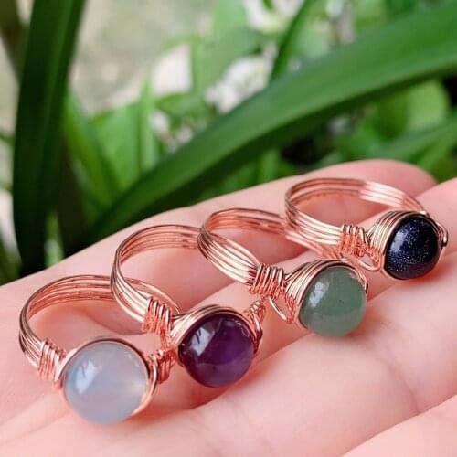 Wire Wrapped Crystal Ring Healing Natural Stone Purple Amethysts Agates Pink Quartz Party Wedding Jewelry Women Finger Ring Gift
