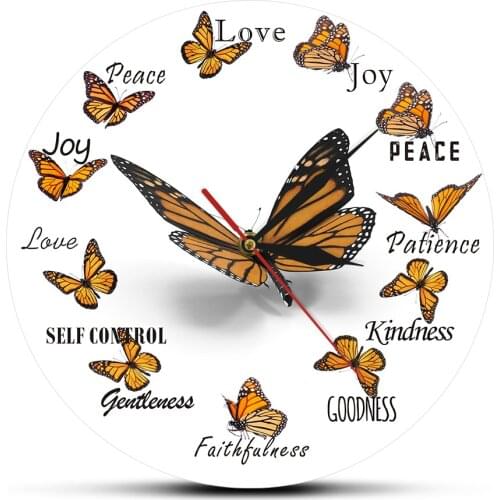 Monarch Butterfly Printed Round Wall Clock Fruit of the Spirit Christian Virtues Home Decorate Mute Watch Horloge Murale