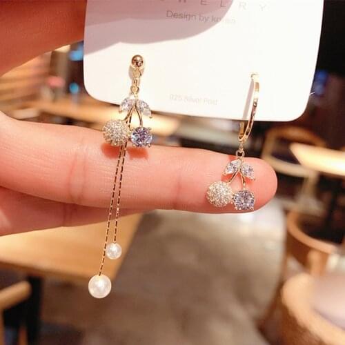 S925 Silver Needle Korean New Style Asymmetrical Cherry Tassel Earrings Fashion Sweet Crystal Earring Jewelry Gift
