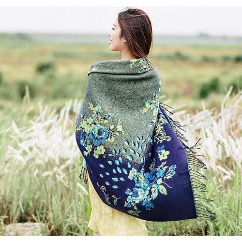 Winter Square Shawl Scarf Ethnic Women Oversize 140x140cm Travel Blanket Cashmere Pashmina Tassels Ponchos Lady Bufanda Mujer