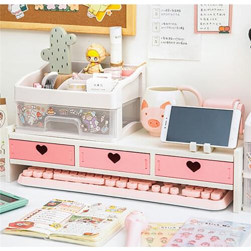Pink Heart Drawers Monitor Laptop Increase Rack Organizer Office Desktop Computer Screen Riser Stationery Pen Storage Holder