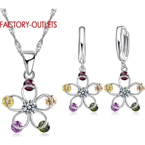 High Quality Zircon Crystal Necklace+Earrings 925 Jewelry Set For Women With Clear/Colorful Flower Shape