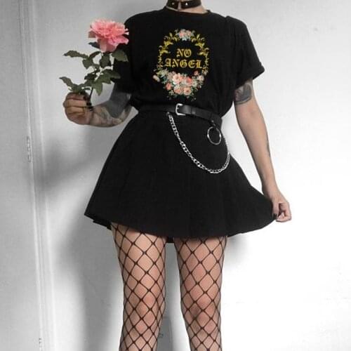 No Angel Floral Print Vintage Goth Black Top Egirl Punk Grunge Aesthetic Gothic Graphic T Shirts Cotton Oversized Women T-shirt