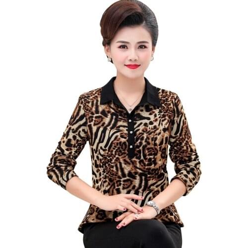 Women Thick Leopard Pullovers Warm Long Sleeve Clothing Bottom Shirt Middle Age Mother Lapel Plus Size Warm Plus Fleece Tops