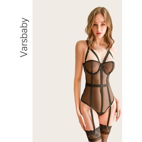 Varsbaby Womens Sexy See Through Tight-fitting Corset Black Elastic Half Cup With Black Stockings 2pcs/bag