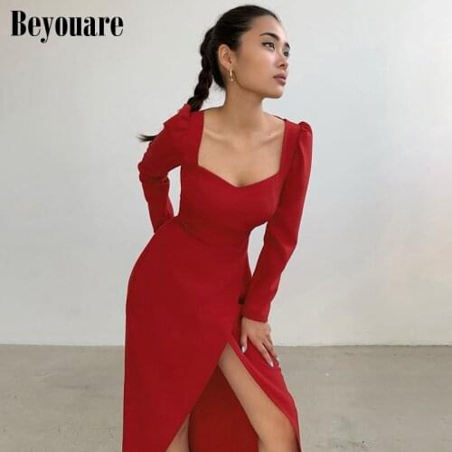 Beyouare Elegant Women Splice Dress Long Sleeve Party Slim Puff Sleeve Knee Length Dresses 2021 Autumn Sexy Lady Casual Vintage