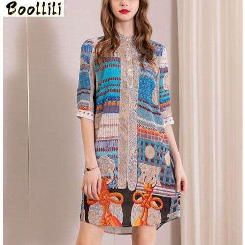Boollili Real Silk Dress Women Summer Dress Korean Fashion Print Beach Dress Elegant Vintage Party Dress Vestido Mujer