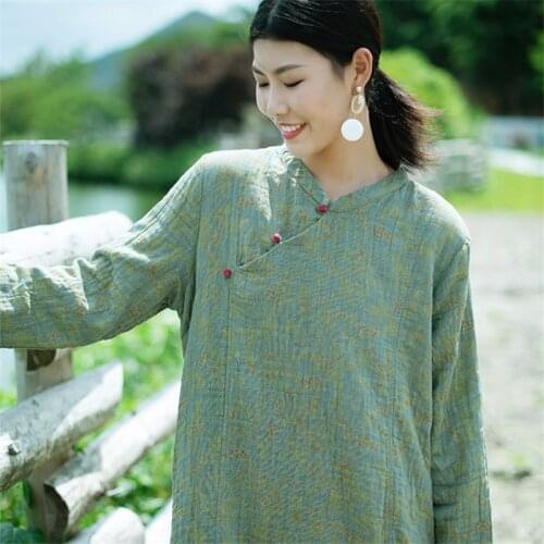 SCUWLINEN 2020 Women Vintage Autumn Winter Dress Chinese-style Stand-collar Plate Button Loose Cotton Dress Long Print Robe S985