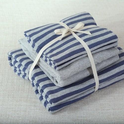 4pcs 100% Cotton Jersey Knitted Fabric Contains 1 blue stripe duvet cover 1 solid color fitted sheet and 2 pillow cases
