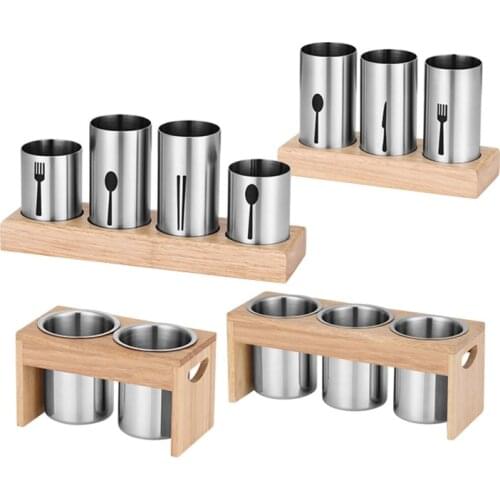4 Cup Flatware Holder Stainless Steel Cutlery Basket With Wooden Base Stand For Fork Knife Spoon Chopsticks Kitchen Storage