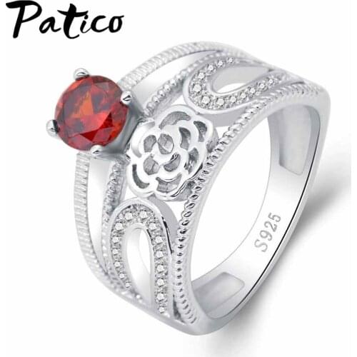 Fine 925 Sterling Silver Red Cubic Zircon Rings Lovely Rose Flower CZ Stones Wedding Jewelry for Women Party New Gifts