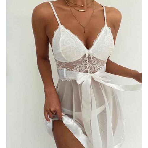 Summer V Neck Bowknot Spaghetti Strap Bedroom Mesh Two Pieces Sexy Lingerie Sets White See Through Body Nightgowns With Thongs