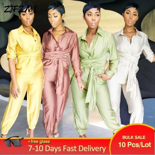 Bulk Items Wholesale Lots Solid Draped Buttons Up Bandage Women Long Jumpsuits Full Sleeve Side Pocket Turn Down Collar Romper