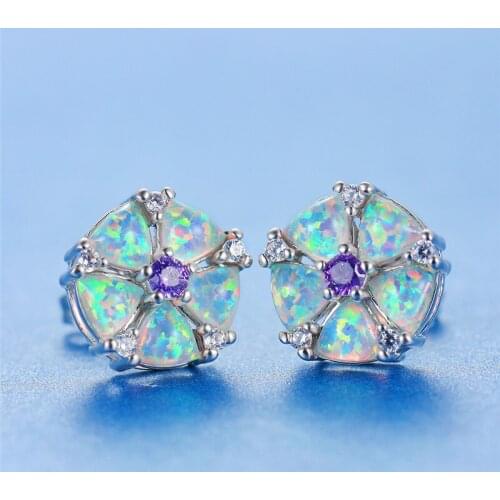 Cute Female Flower White Opal Stud Earrings Simple Silver Color Crystal Earrings For Women Romantic Bride Wedding Earrings
