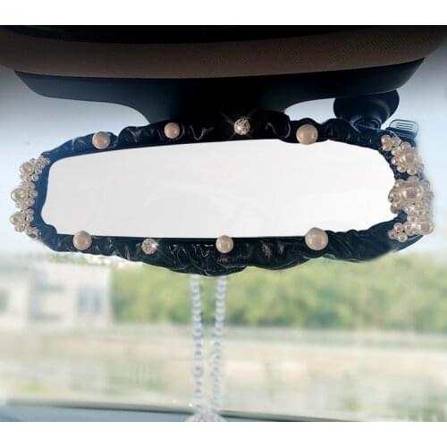 Fashion Pearls Car Interior Rear View Mirror Cover Leather Auto Rearview Mirror Decoration Accessories For Women and Girls