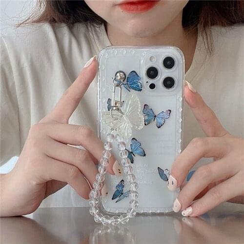 Fashion 3D Butterfly Bracelet Phone Case For iPhone 11 12 Pro Max X XR XS 7 8Plus SE20 Cute Transparent Soft Silicon Cover Shell