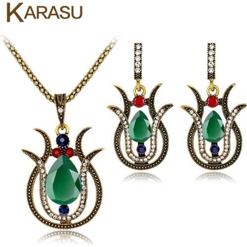 New Vase Drop Water Pendant Necklace Resin Red Green Crystal Vintage Earrings Jewelry Sets for Women Party