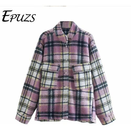 2021 New Fashion Slim Plaid Pink Oversize Jacket Coat ZA Women Vintage Pocket Button Jacket Coat Famale Outerwear Chic Top