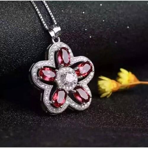 Natural red garnet pendant S925 silver Natural yellow crystal Pendant Necklace trendy Elegant luxurious Flowers women jewelry
