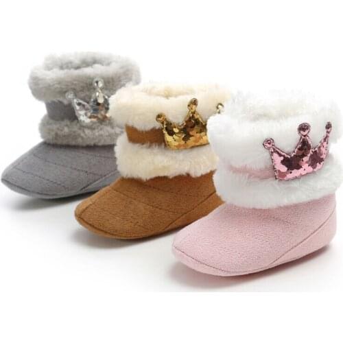 Pudcoco Winter Warm Baby Girl Snow Boots Infant Toddler Newborn Kids crown Print Booties Warm Shoes