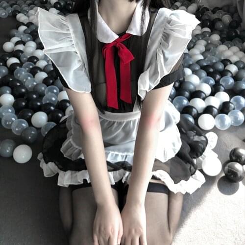 Sexy Transparent Cosplay Costumes Kawaii Maid Women High Quality Temptation Dress with Cute Bowknot Sexy Lingerie