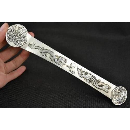 Old Decorated Handwork Miao Silver Carving Dragon Phoenix Ruyi Statue