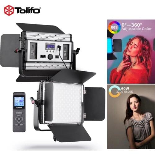 Tolifo GK-S60RGB 60W RGB LED Video Light 3200K-5600K Dimmable Photography Fill Light with 2.4G Wireless Remote Control Light Kit