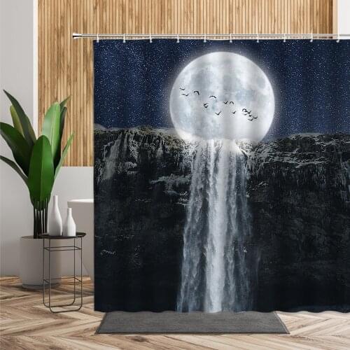 Waterfall Moon Birds Starry Sky Shower Curtain For Bathroom Decor Fantasy Night Scenice Mountain Waterproof Fabric Bath Curtains