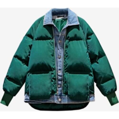 Cotton Parker Womens Jacket 2021 Winter Denim Stitching Cotton Padded Fake Two-piece Bread Jacket