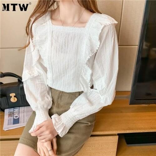 Korean Office White Shirts Women Autumn Mesh Blouses 2020 Casual Elegant Solid Puff Long Sleeve Square Collar Tops