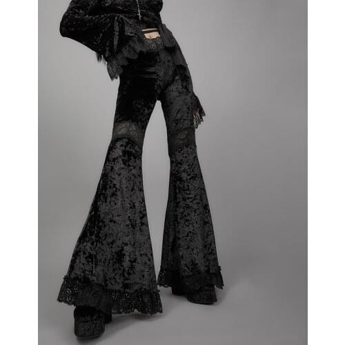 Goth High Waist Flared Pants Aesthetic Sexy Lace Patchwork Trousers Women Vintage Elegant Velvet lace Pants