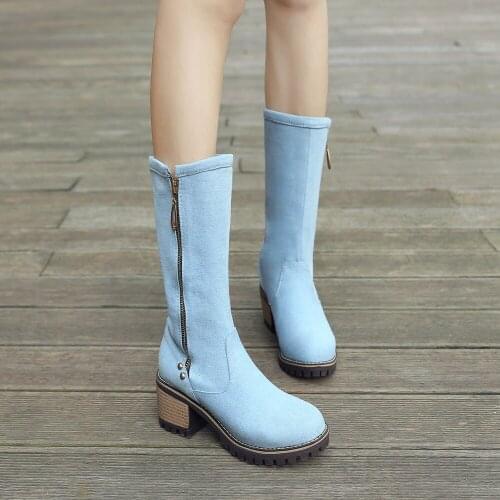 2019 New Boots Women thick high heels spring summer shoes mid-calf boots zip blue denim booties western cowboy jeans botas mujer