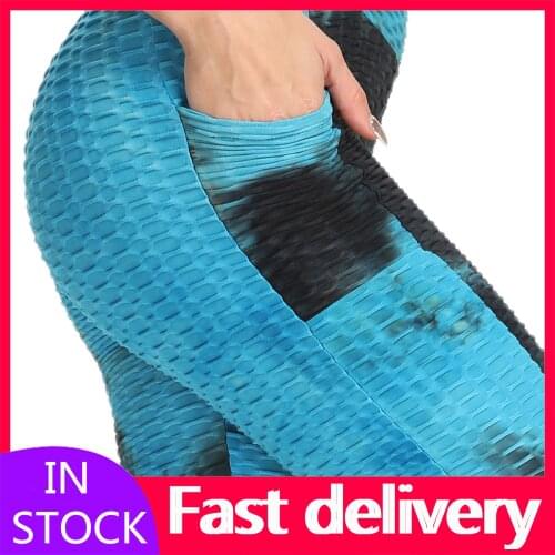 #VO Tie-dye Pocket Women Leggings Breathable Hip Lifting Pants Exercise Bubble Leggins Workout trousers Pantalon Pour Femme