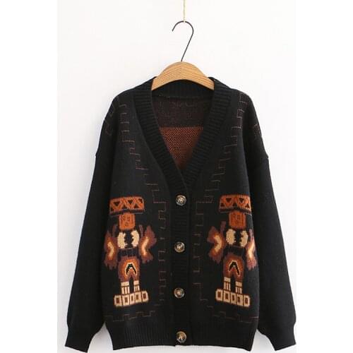 New Robot Embroidery Loose V-neck Single-breasted Wool Sweater 2020 Autumn Winter Women Cardigan Knitwear Sweaters Coat