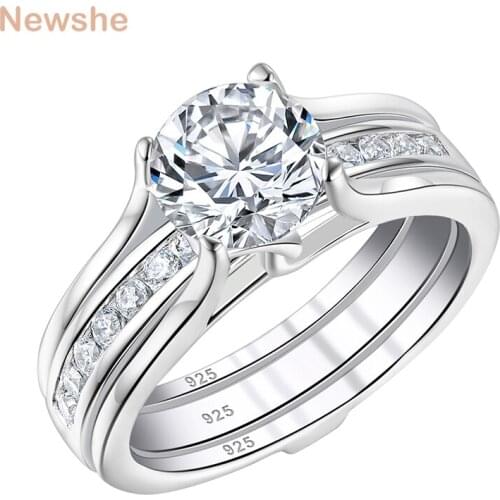 Newshe Solid 925 Sterling Silver Guard Brillliant Round Cut Engagement Ring Half Eternity Wedding Band For Women AAAAA Zircon