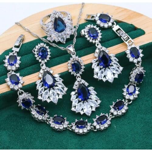 Exquisite Blue Red Crystal 925 Silver Jewelry Sets For Women Bracelet Earrings Necklace pendant Ring Wedding Jewelry 4PCS