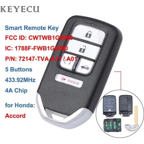 Keyecu OEM Part Keyless Prox Smart Remote Car Key Fob 5 Buttons 433MHz 4A Chip for Honda Accord 2018 2019 2020 CWTWB1G0090