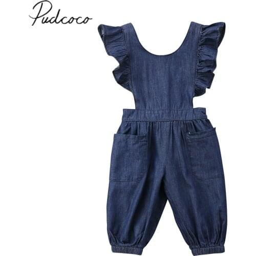 2018 Brand New Cute Toddler Infant Kids Baby Girls Ruffle Jumpsuit Denim Romper Long Pants Outfits Backless Summer Clothes 1-6T
