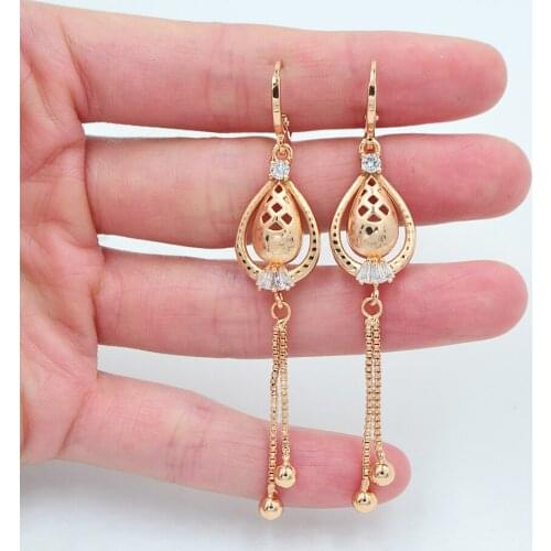 Fashion Jewelry Gold Color CZ Water Drop Long Tassel Dangle Earrings for Women