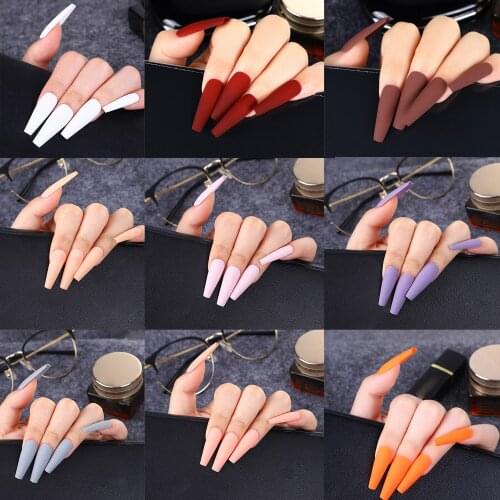 24pcs Detachable Matte False Nails With Press Glue Wearable Ballerina Coffin Fake Nails Full Cover Nail Tips Manicure Tools