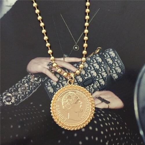 New Gorgeous Gold Color Big Coin Engraved Pendant Ball Chain Necklace For Women Decoration Elegant Pretty Jewelry Accessory