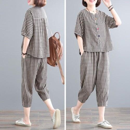 2021 Summer New Women Suit Loose Plus Size Suit Retro Casual Plaid Shirt and Pants Two Piece Set Middle-aged and Elderly Clothes