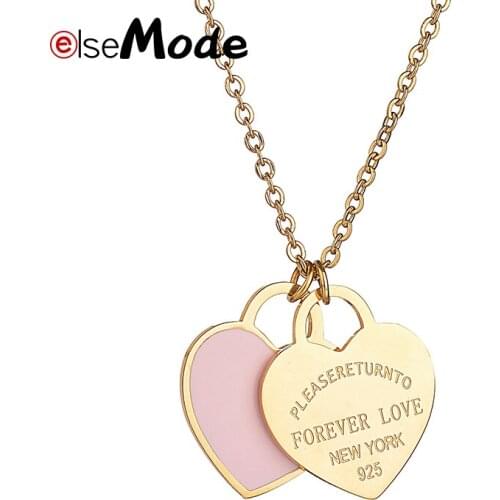 ELSEMODE Pink Blue Red Double Heart Enamel Lady FOREVER LOVE Stainless Steel Necklace For Women Girl Jewelry Wholesale Gift