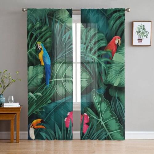Animal Parrot Tropical Plant Green Leaf Voile Tulle Sheer Curtains for Bedroom Living Room Kitchen Decor Chiffon Windows Curtain