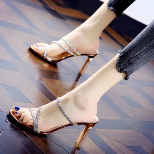 Outer wear 2021 new high-heeled slippers fashionable sexy ladies sandals exquisite rhinestone all-match open-toed slippers